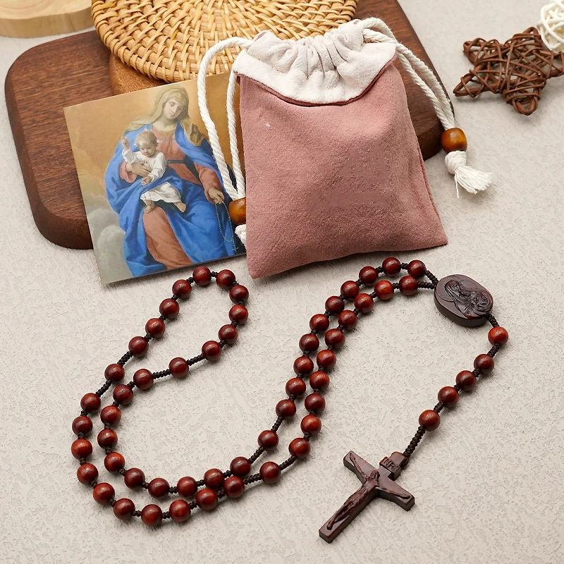 Religion Rosewood Beads Rosary Cross Necklace For Women Men Christian Virgin Mary Cross Wood Pendant Chain Fashion Jewelry 8MM