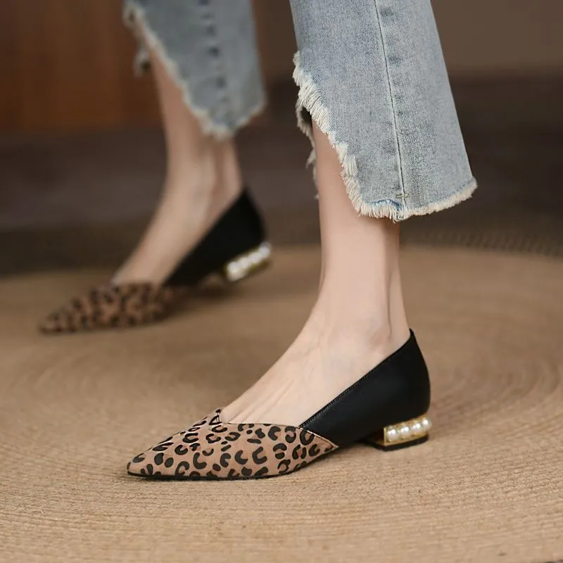 2024 New Fashion Low Heel Pumps Flats Pointed Toe Cow Leather Women\'s Shoes Patchwork Leopord Casual Dress