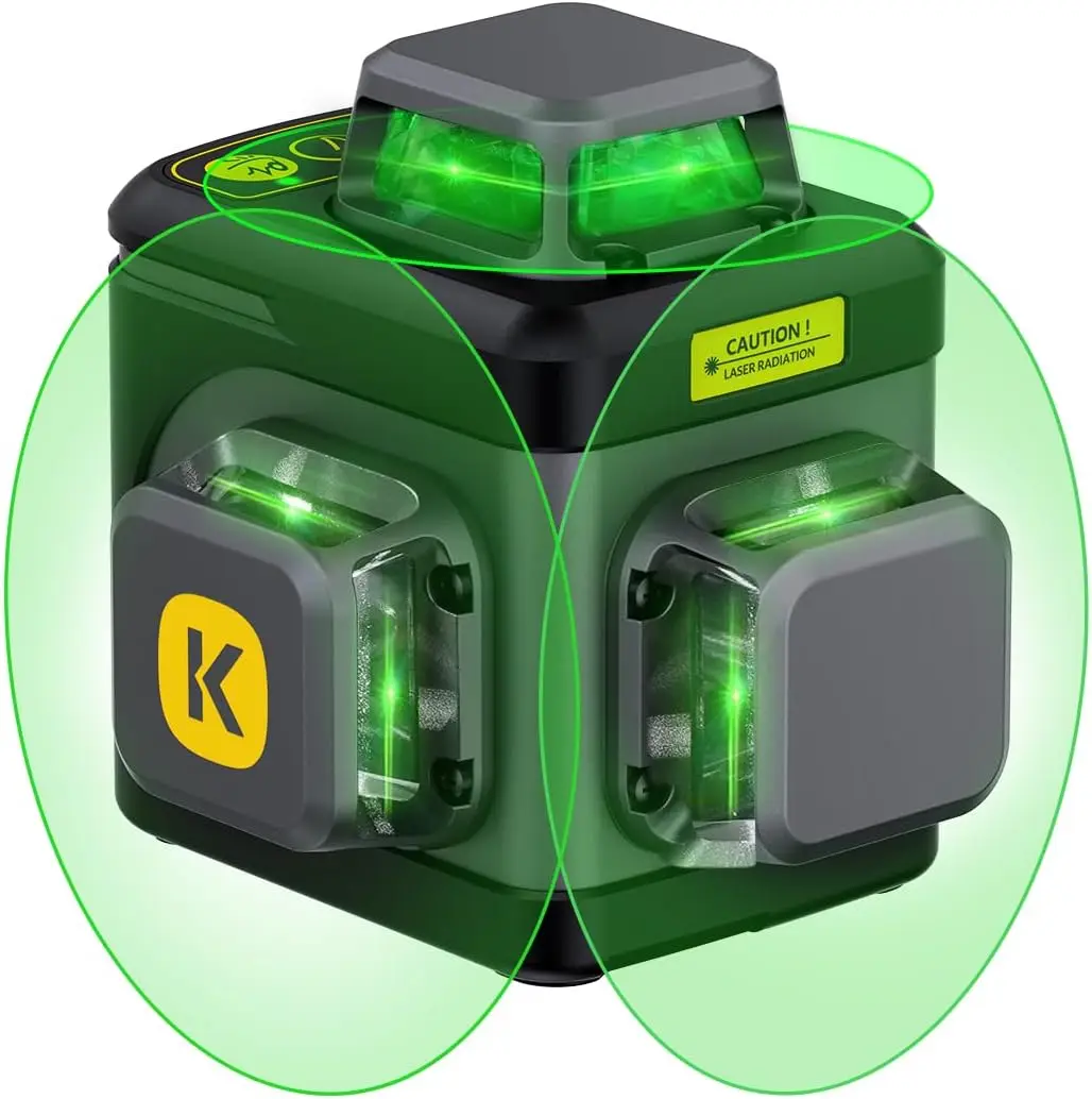 ^For D12 Ace Laser Level 360 Self Leveling, 3x360° Rechargeable 3D Green Cross Laser, Outdoor Pulse Mode, IP54 Durable, Easy to