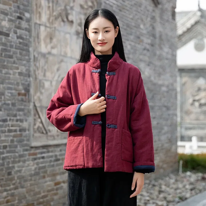 Autumn Winter Cotton Jacket 2024 New Chinoiserie Coil Buckle Women's Clothes Coat Solid Colour Fashion Loose Outeawer Female