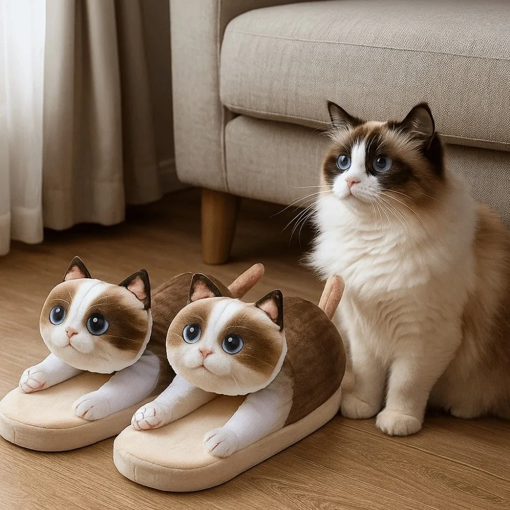 

Tortoiseshell Cat EVA Cat Hugging Slippers Soft Thick Sole Kitty Slippers Cozy Non-Slip Winter Fluffy Slides Indoor