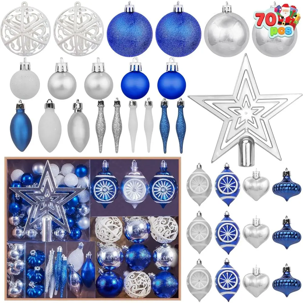 

Joiedomi 70Pcs Assorted Chrisas Blue Ornaments, Chrisas Tree Decoration Set Blue, Silver&White Ball Set, Hanging Shatterproo Orn