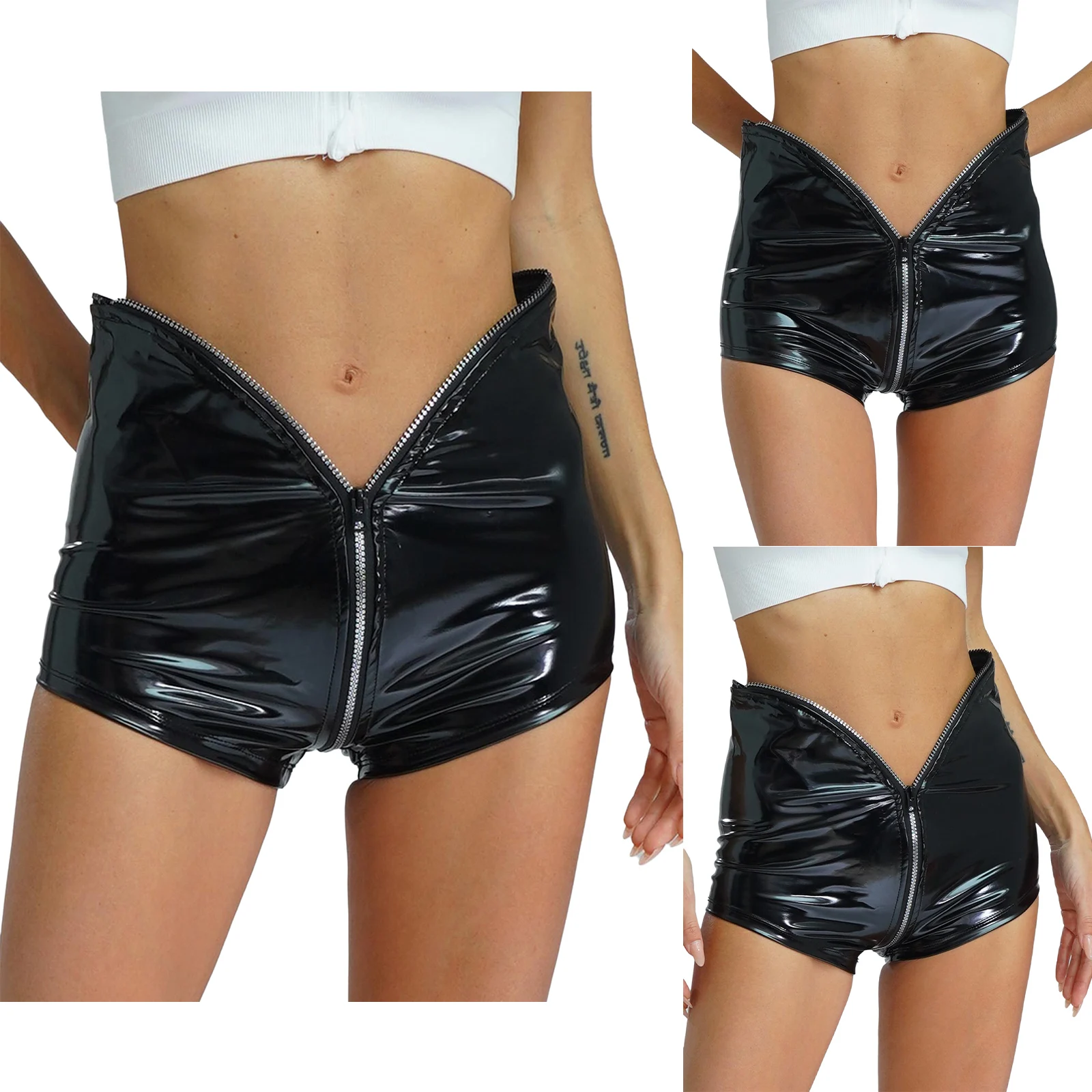 

Женские модные кожаные шорты Sissy, короткие шорты из искусственной кожи с блестящей молнией и промежностью, популярные короткие стильные вечерние эротические несъемные шорты