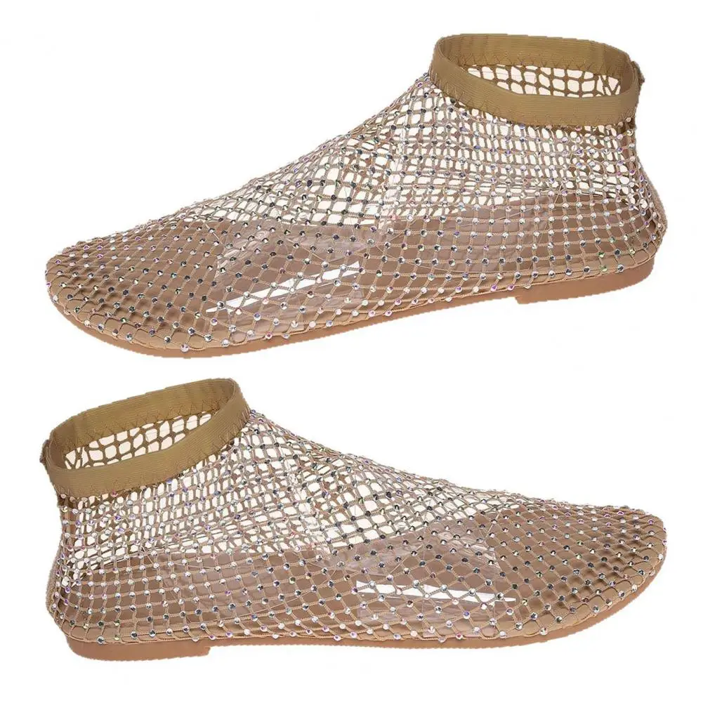 Sparkly Flat Shoes Women’s Mesh Ballet Flats Breathable Fishnet Sandals with Rhinestone Accents Low Heel Slip-on for Beach
