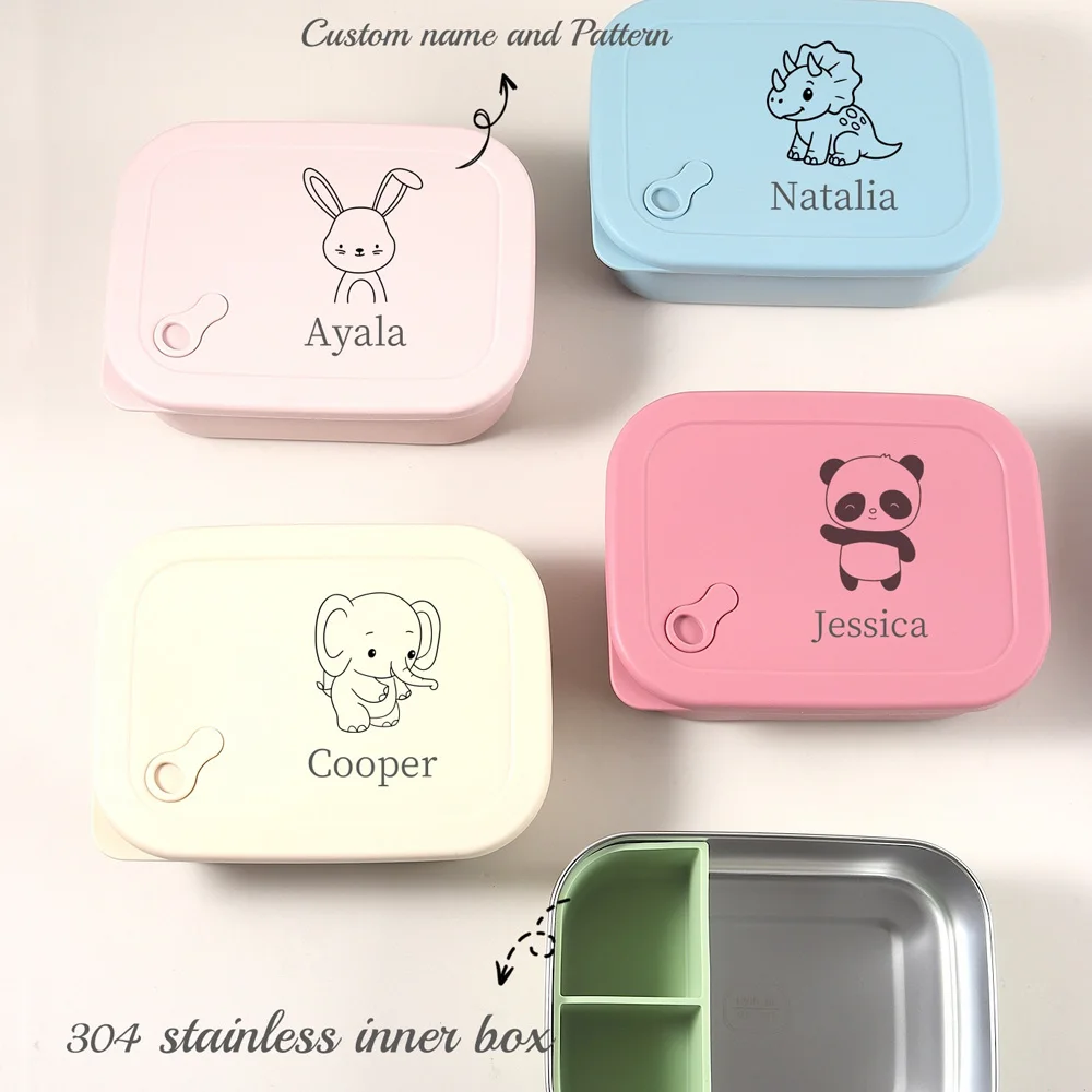 

1200ml 1pc Custom Name & pattern Silicone Kids Lunch Box,3 Compartment Bento, BPA Free, Leakproof stainless steel School