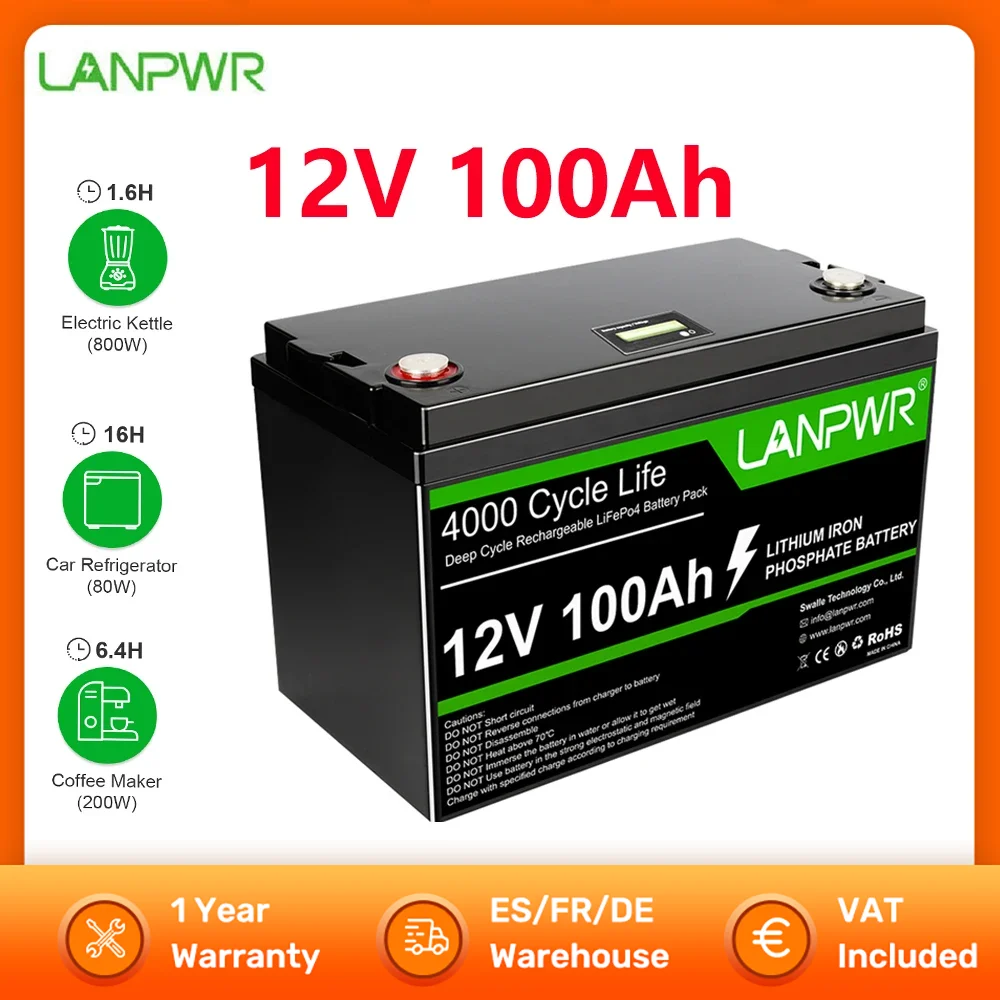 LANPWR 12V 100Ah LiFePO4 Battery 1280Wh Max.1280W Load Power Lifetime 4000+ Cycles RV Camping Trolling Motor Power Solar Power