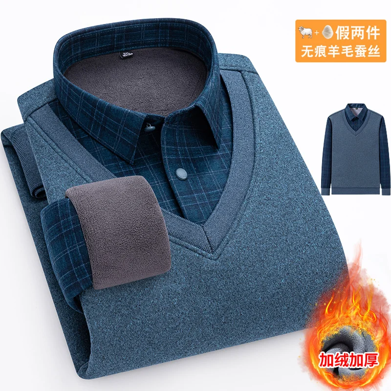 New men's long-sleeved shirt with silk and wool fleece and thickened, is of high quality, comfortable and soft for casual winter