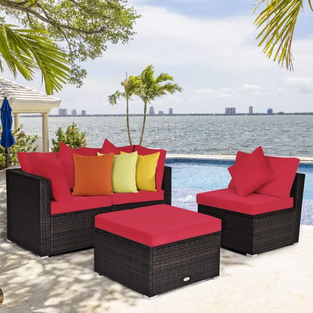 

4 Pieces Patio Furniture Set, All Weather Outdoor Sectional Rattan Sofa Set w/Removable Cushions