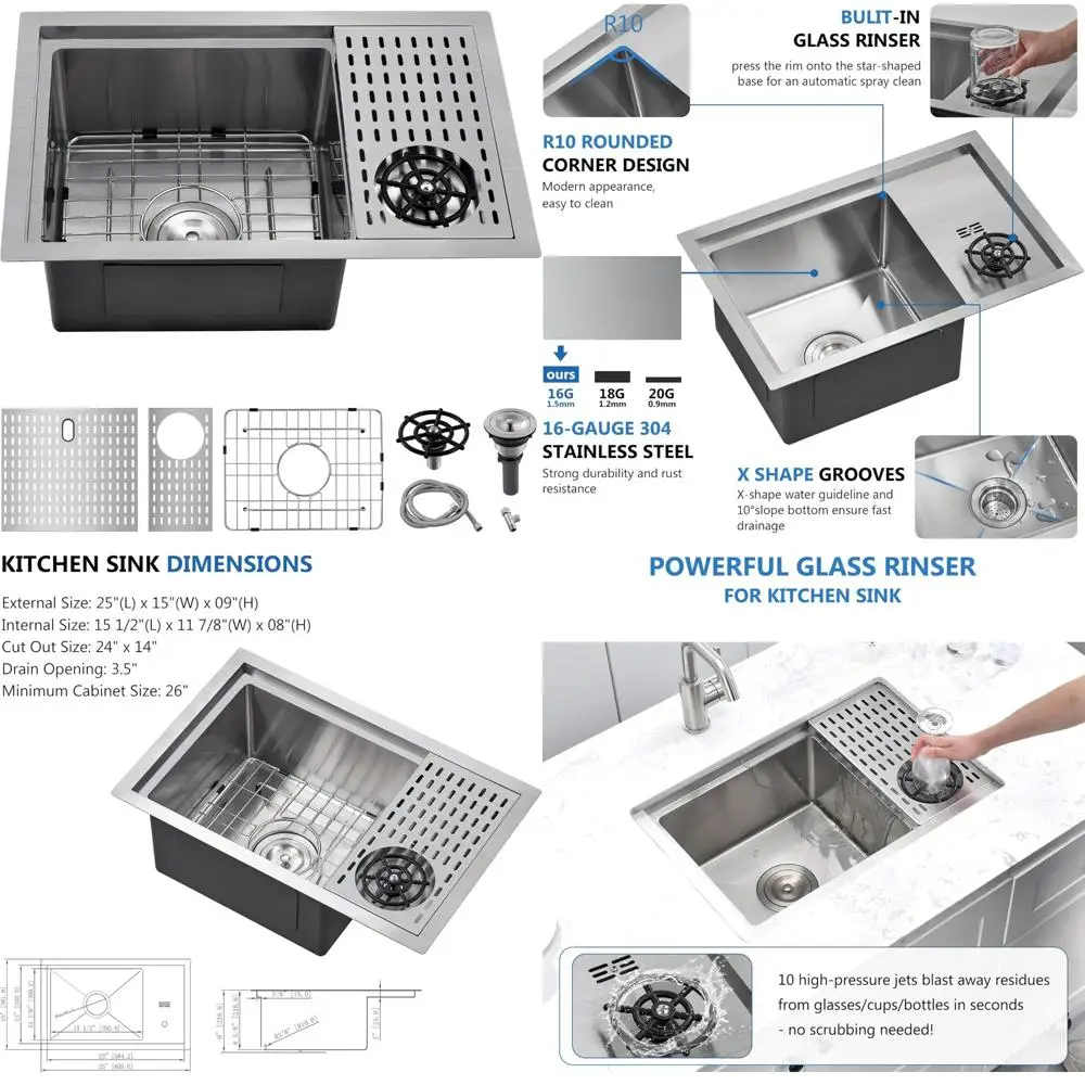 

Stainless Steel 25 Inch Kitchen Bar Sink with Glass Rinser and Small 15x16 Cup Washer Sink for Compact Spaces