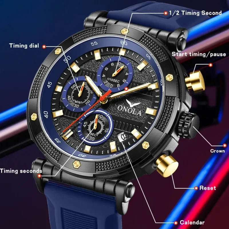 

ONOLA 6859 New Fashion Watches For Men Silver Black Calendar Luminous Quartz Watches Sports Waterproof Mens Watch Reloj Hombre