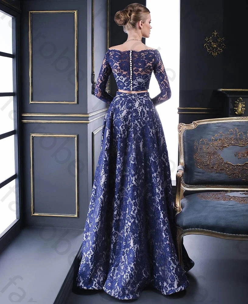 Abiti da sera in pizzo blu scuro retrò personalizzati con scollo a barca in due pezzi maniche lunghe una linea di abiti da ballo formali lunghi fino al pavimento