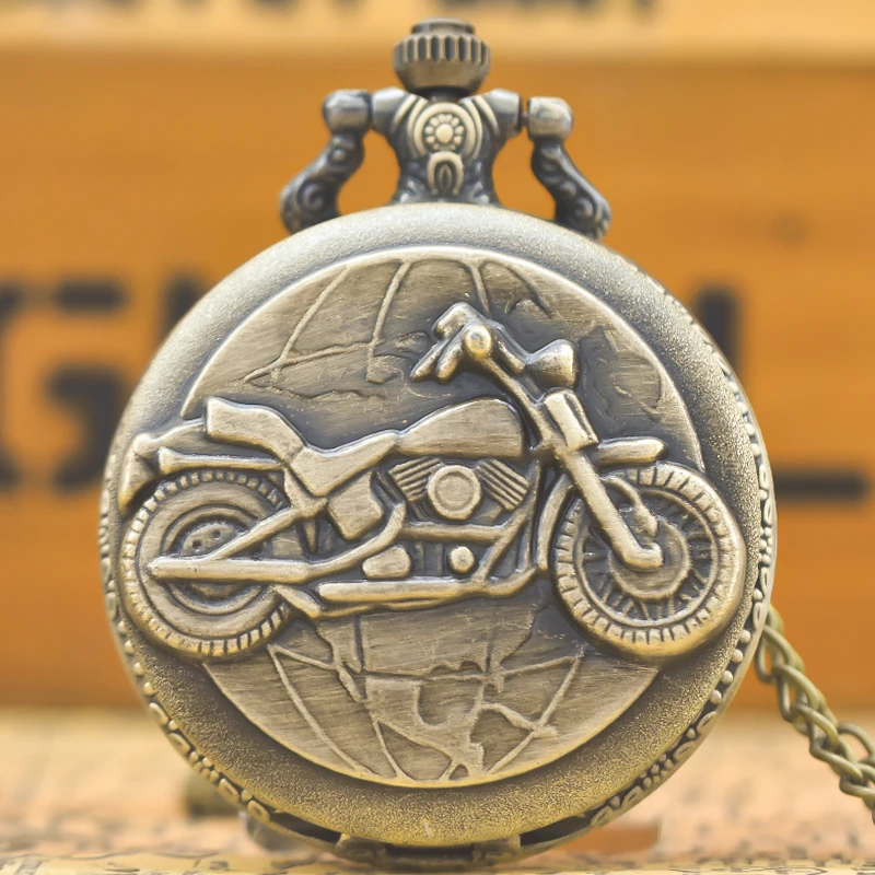 Retro-Charme, neutrale Mode, Motorrad-Gravur, Quarz, Steampunk-Taschenuhr, Halskette, Anhänger, Geschenk für Herren und Damen