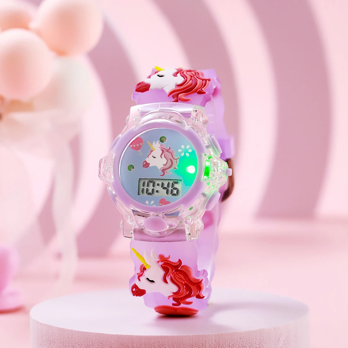 Pulseira de relógio de silicone elegante e fofa com padrão de unicórnio, relógio de pulso eletrônico emissor de luz, adequado para o Natal e