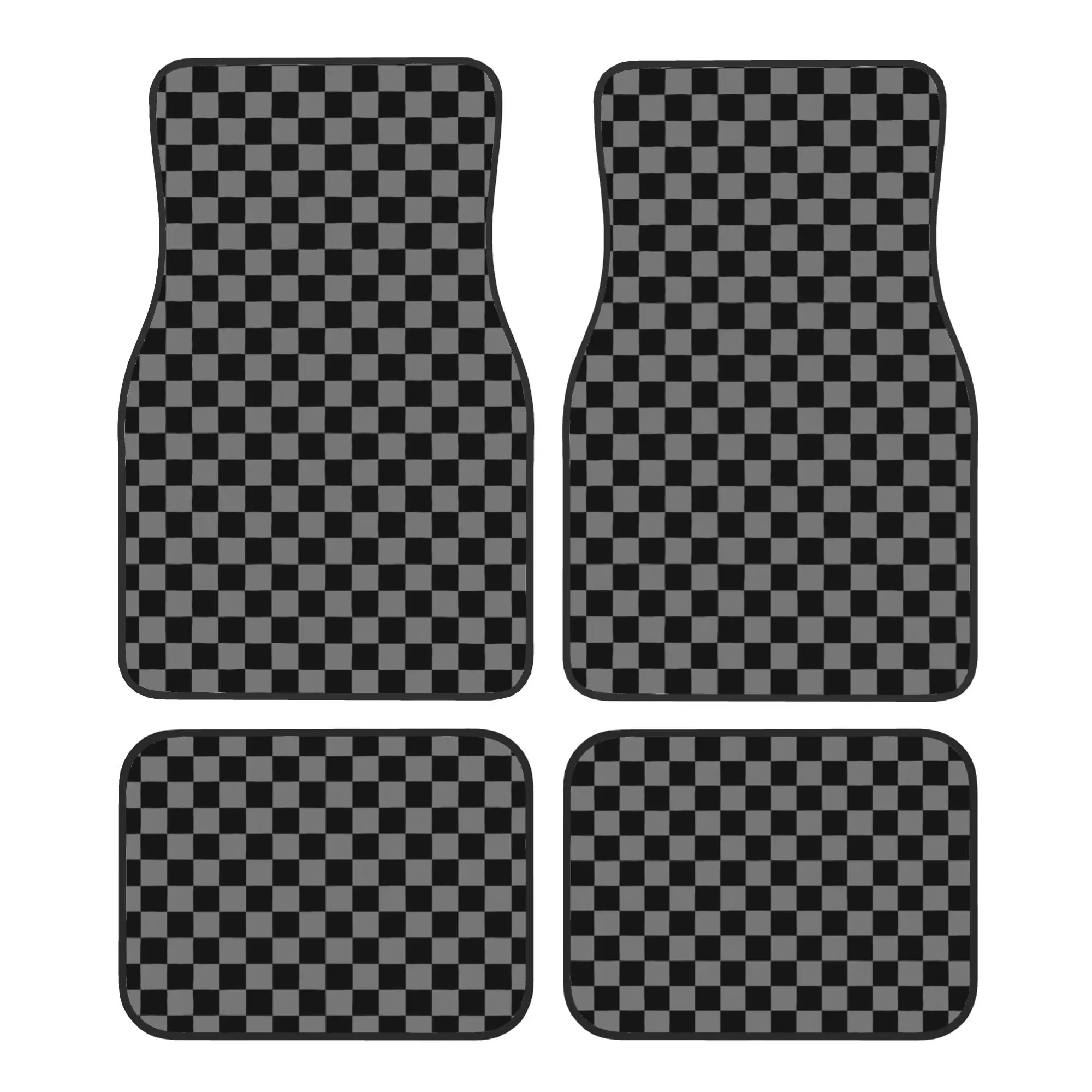 4PCS Crystal Velvet Car Floor Mats Set Gray and Black Checkered Checkerboard Plaid Universal Auto Front And Rear Foot Mats