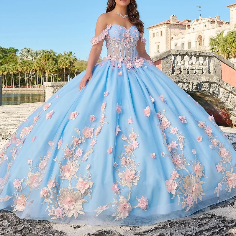 

Мексиканское небесно-голубое платье Quinceanera, бальное платье с бисером, Кружевная аппликация, цветочное тюль, милое 16 платье, принцесса, кружевное платье 15