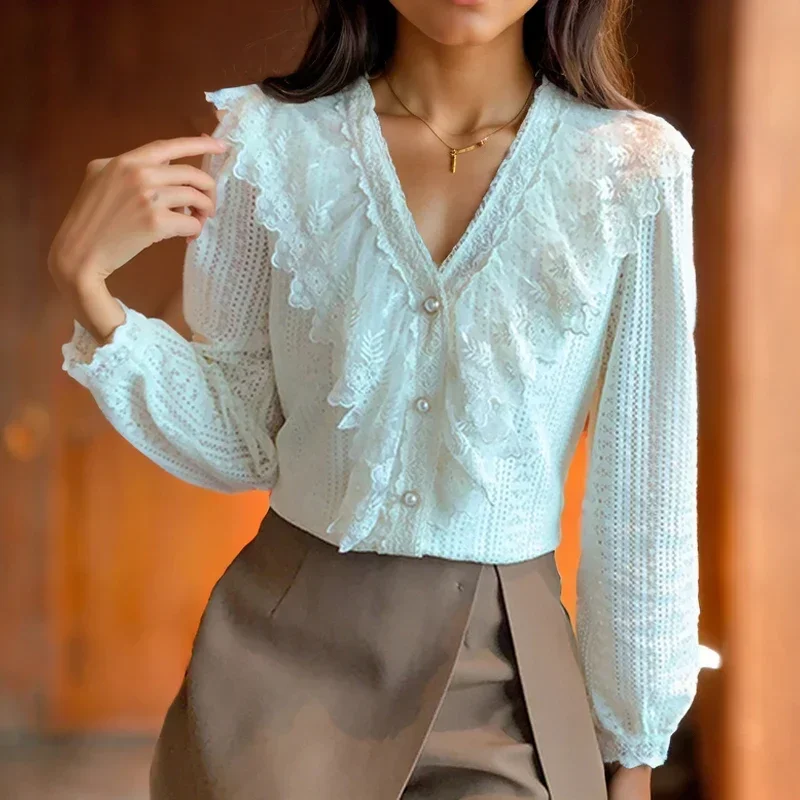 Fashon  V Neck Lace Blouse Women Office2023 Long Sleeve Elegant Apricot Lace Shirt Women New Button Up Tops Female Clothes 29746