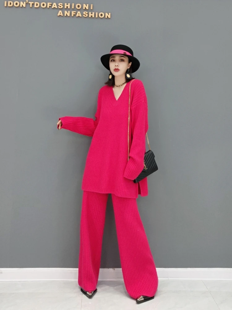 New spring 2023 ladies knitting v-neck long-sleeved sweater wide-legged pants 2 suit keep warm and comfortable big yards women