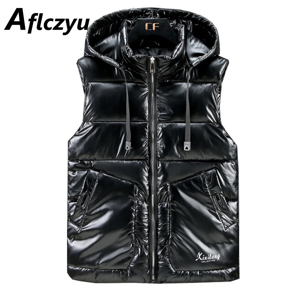 

Winter Bright Vest Men Warm Thick Sleeveless Jacket Fashion Casual Solid Color Hooded Vests Male Outerwear Black