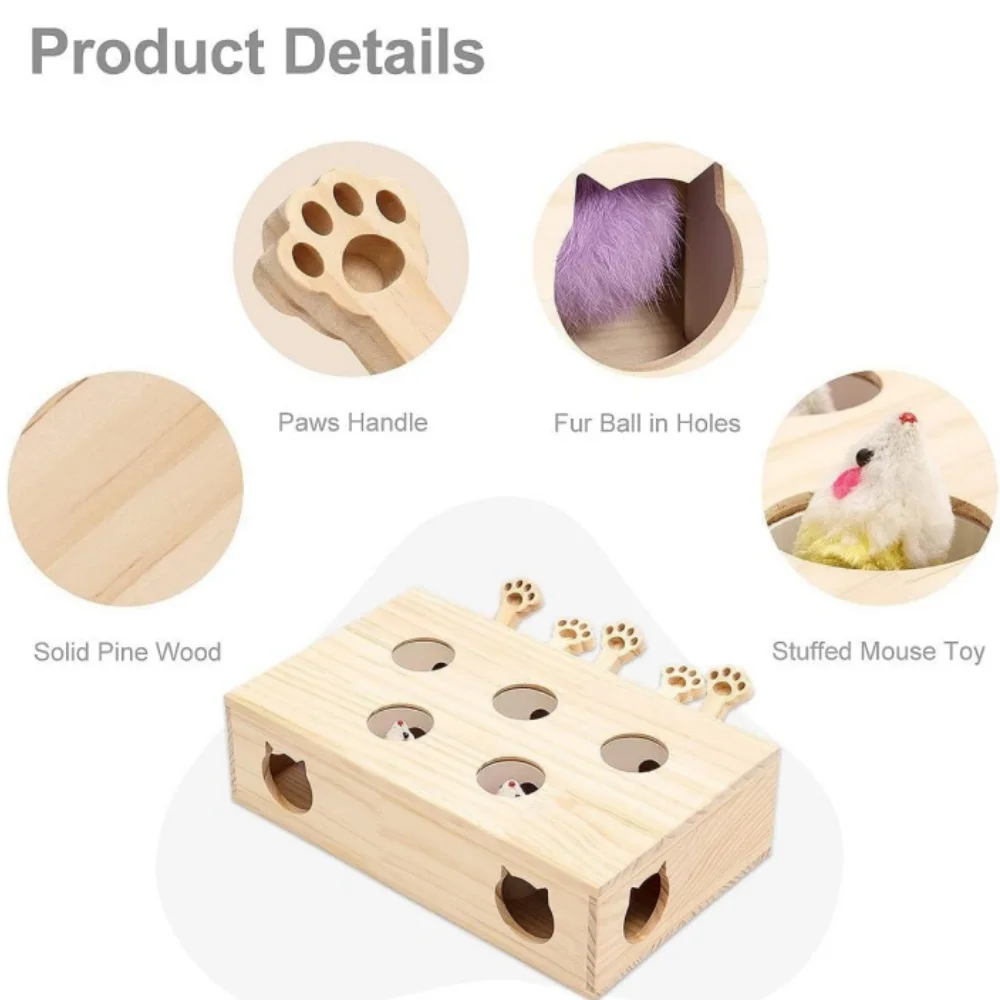 Mewoofun Cat Toys Interactive Whack-a-mole Solid Wood Toys for Indoor Cats Kitten Catch Mice Game