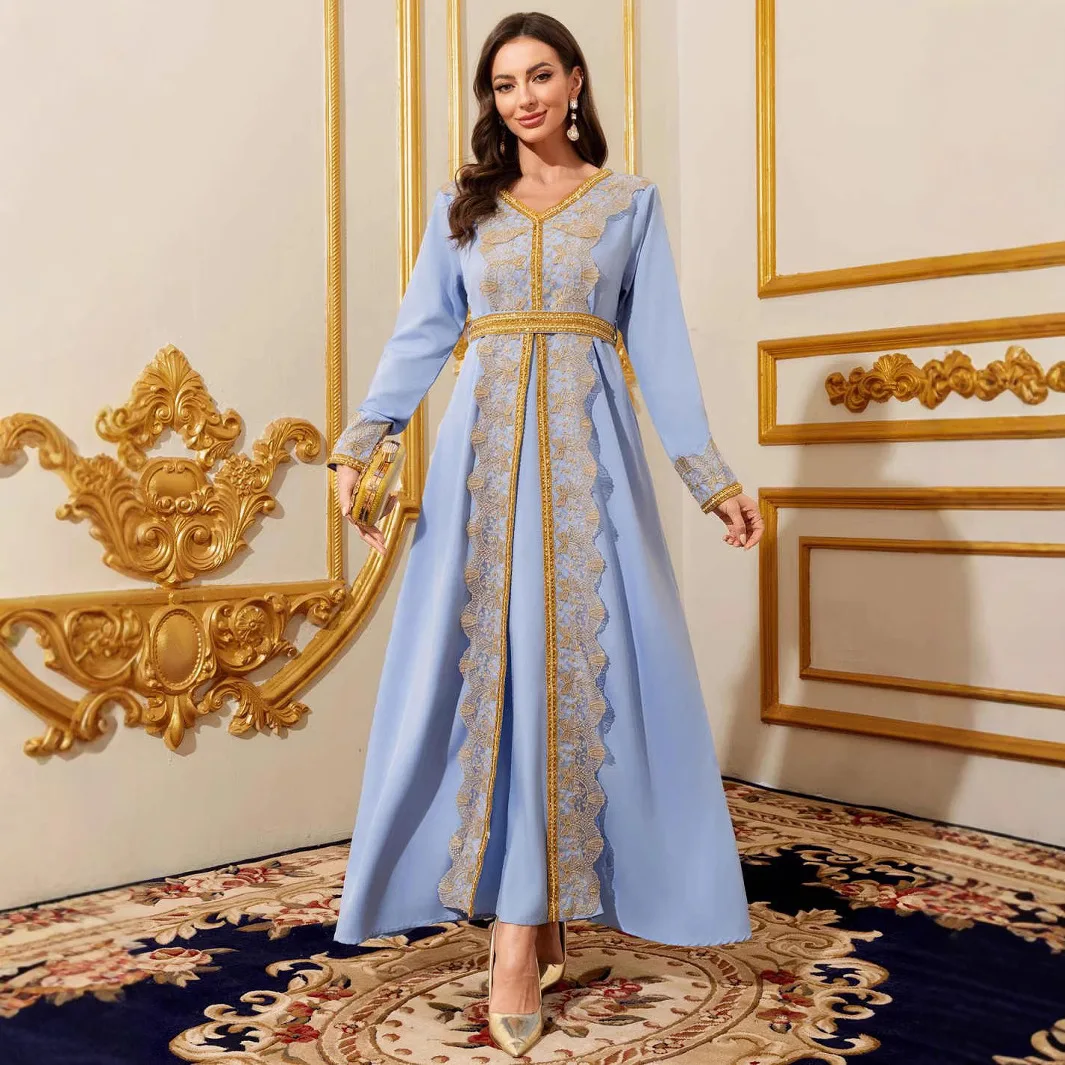 

Elegant Long Sleeve V-Neck Ladies Dress Lace Trim Cross-Border Robe Chinese Ethnic Women's Fashion Autumn 2024 Stage Costume