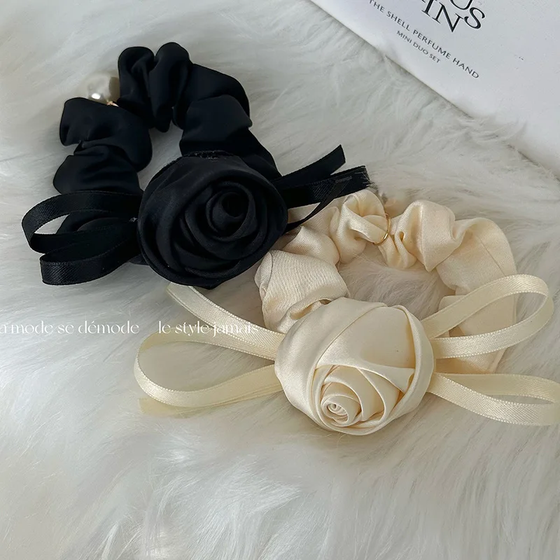 Hair Scrunchy Satin Fabric Rose Floral Bow Premium Soft Lightweight Women Hair Tie Gentle No Pull for Daily Home Travel Office