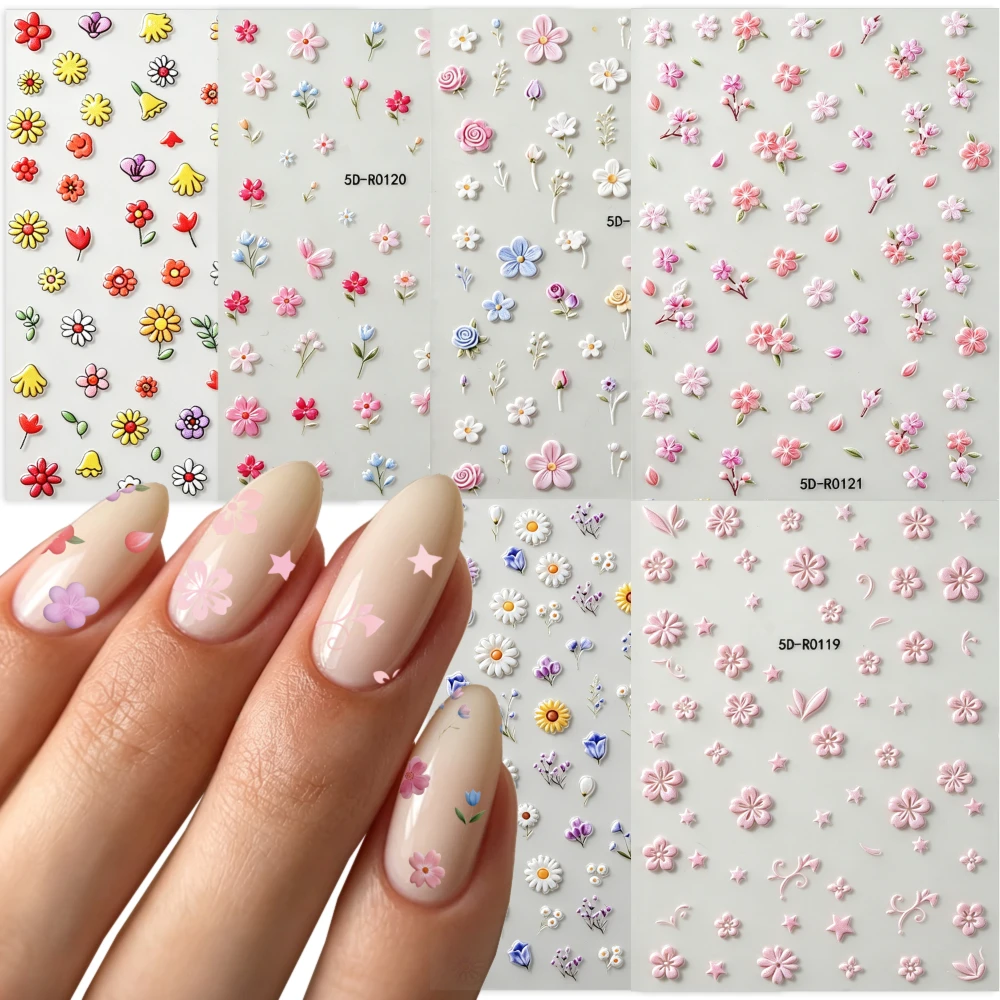 6Pcs 5D Embossed White Pink Flower Nail Stickers Daisy Sunflower Rose 5-petal Floral Self‑Adhesive Nail Decals Summer Nail Suppl