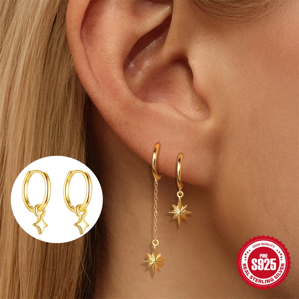 

BOAKO стерлингового серебра 925 пробы, простая геометрия, четырехконечные/осьмиконечные серьги для пирсинга со звездами и кисточками для женщин, вечерние ювелирные украшения