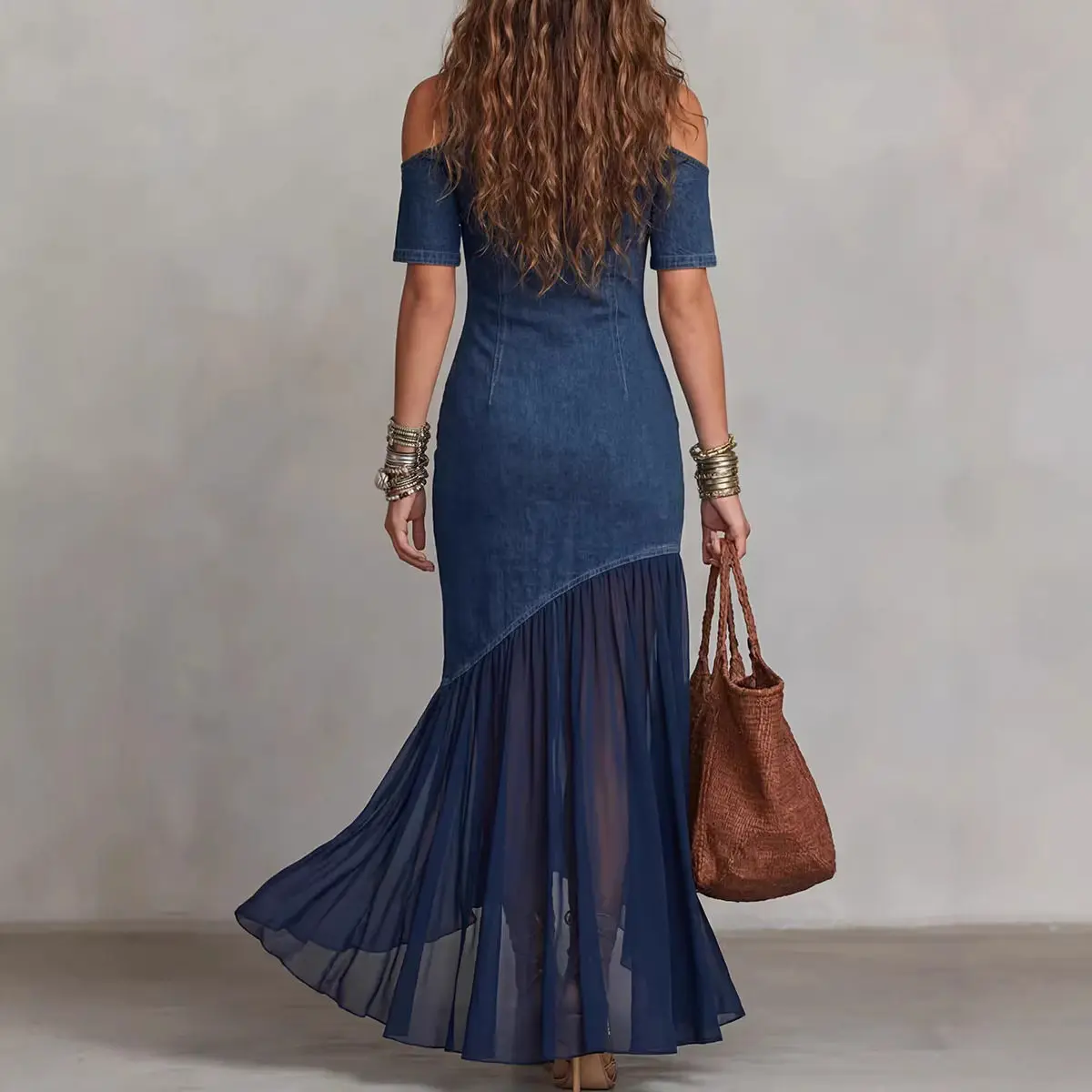 Women Cold Shoulder Denim Maxi Dress Chiffon Splicing Hem Bodycon Party Street  Vintage Slim Fit Elegant Summer Long Dress