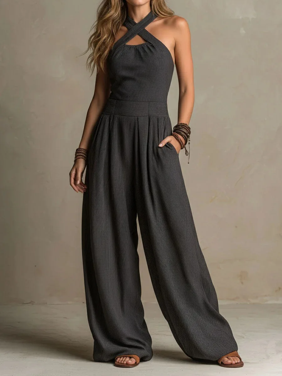 

Women Cross Halter Neck Jumpsuit Sleeveless High Waist Pockets Wide Leg Pants Romper Vintage Casual Summer Holiday Long Overalls