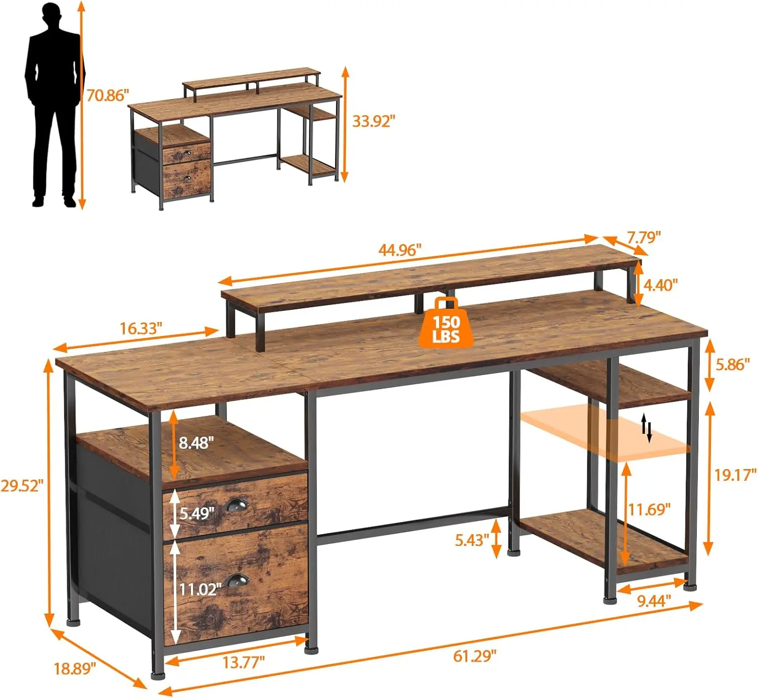 61 "Bureau Met Stoffenvijllade, Omkeerbaar Computerbureau Met Planken En Lade, Industrieel Schrijftafel Met Monitorstandaard