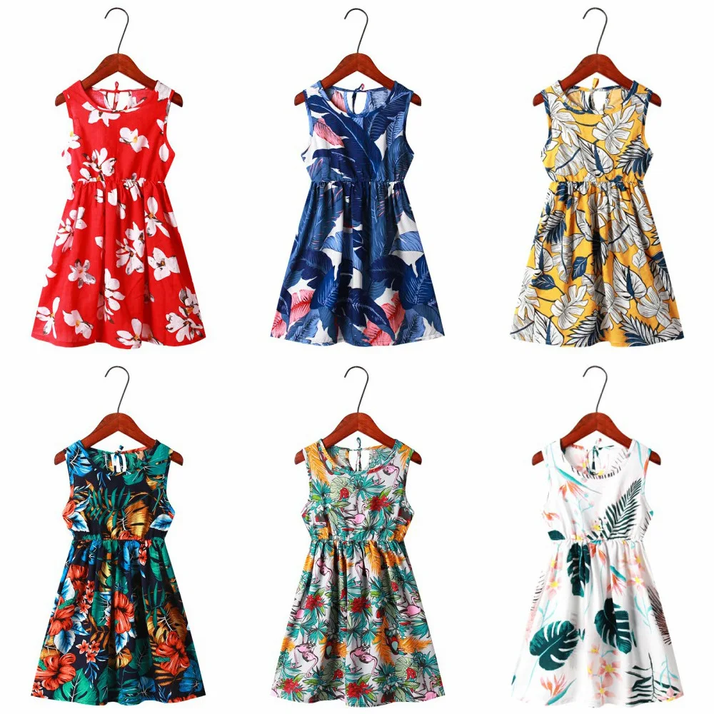 2024 Summer Gilrs Casual Dress 2-12Years Kids Cute Printed Leaf Vest Princess Dress Children Silk Cotton Sleeveless Clothing