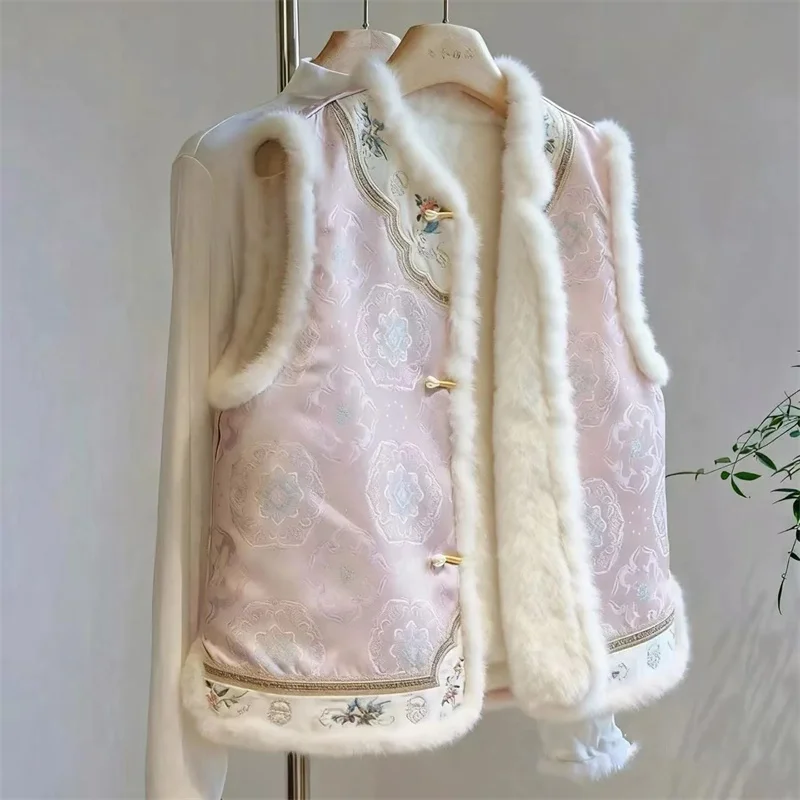 

New Outerwear Women's Jackets and Vests Retro National Style Vest Jacket Women Plus Velvet Warm Fashion Joker fur Collar Vest