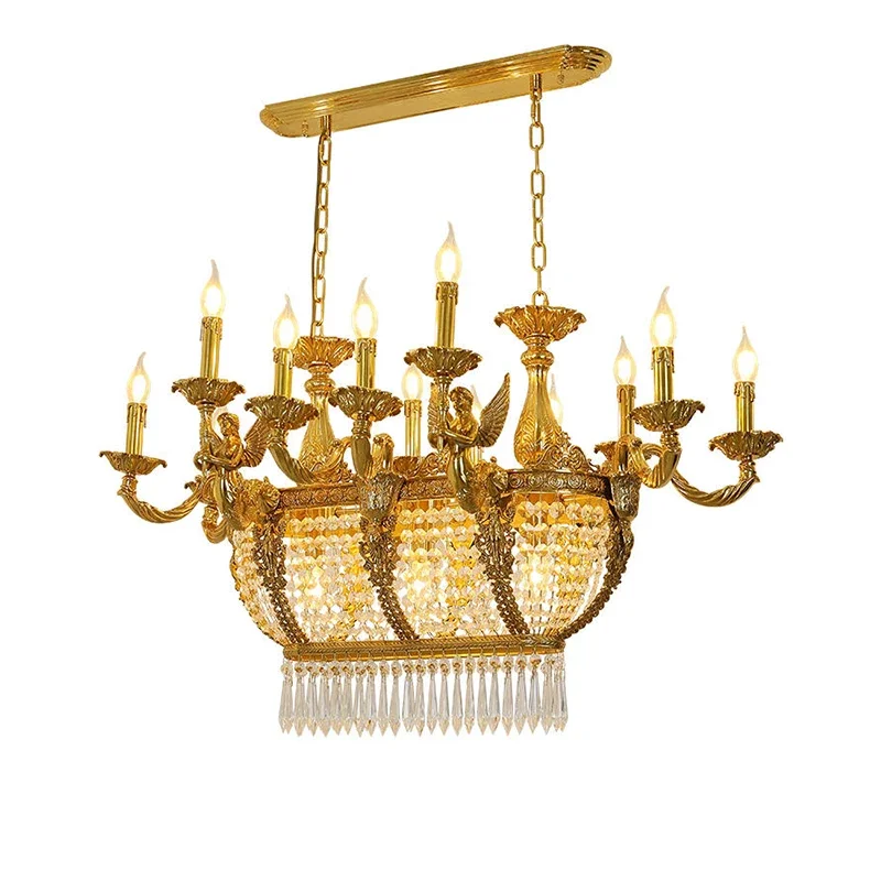 French Gold Rectangular Lighting Low Ceiling Pendant Lamp Dining Room Crystal Classical Chandelier for Dinning Room