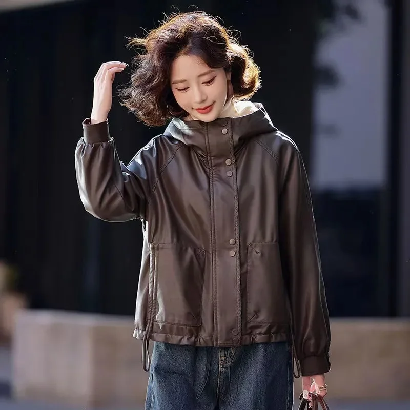2025 senhoras mangas compridas jaqueta de couro do plutônio inverno feminino com capuz grosso casaco de couro coreano moda feminina outwear de couro falso