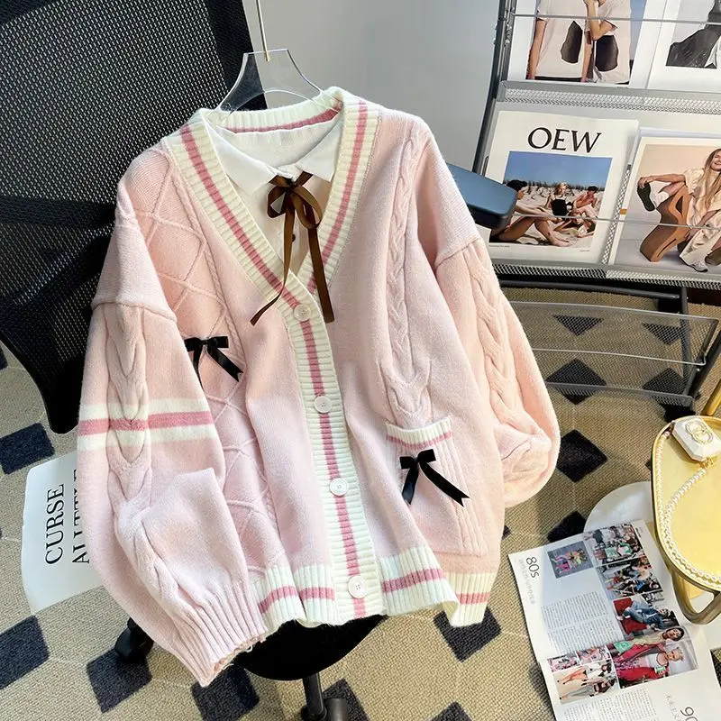 

Deeptown Elegant Sweet Sweaters Cardigan Women Bow Kawaii Knitted Cardigan Japanese Style Long Sleeve Y2k Patchwork Sweaters