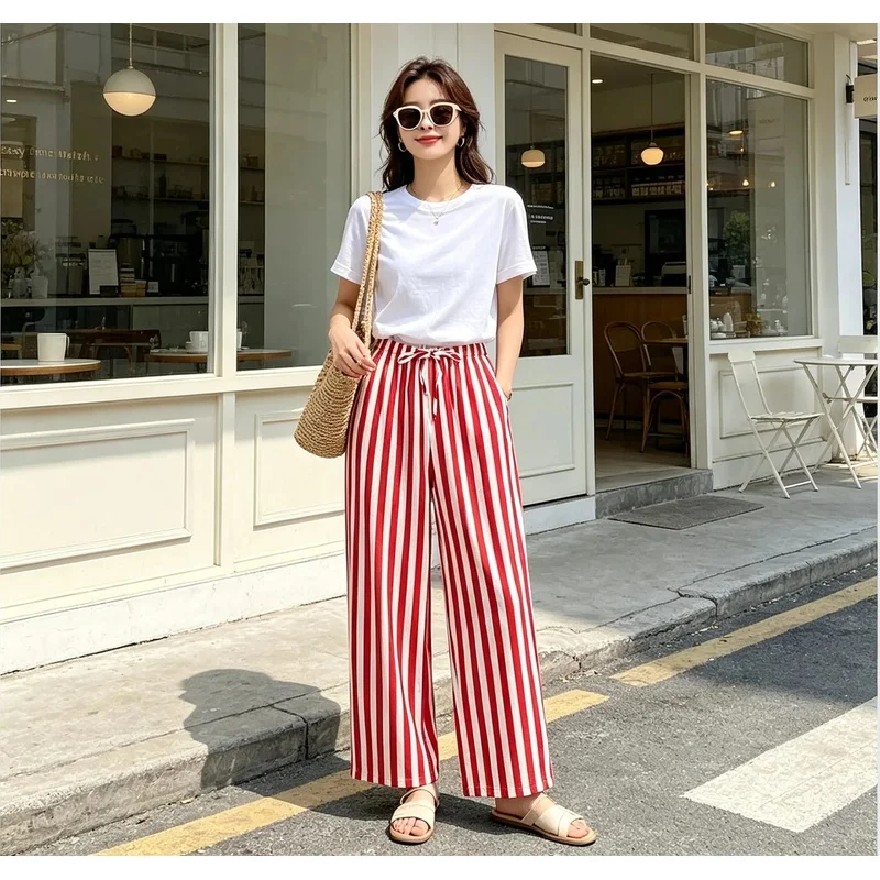 2026 New Red and White Striped Wide-Leg Pants, Women's Thin Casual Trousers Suitable for Outer Wear