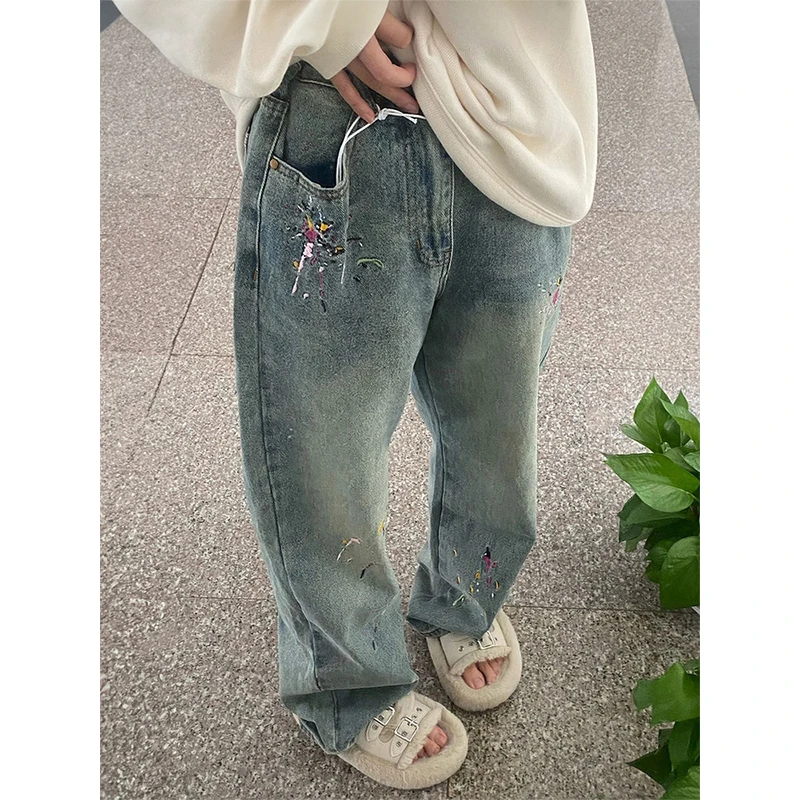 

Женские джинсы с вышивкой, весна-осень 2026, в корейском стиле, с высокой талией, стройнящие, 100% хлопок, прямые широкие брюки