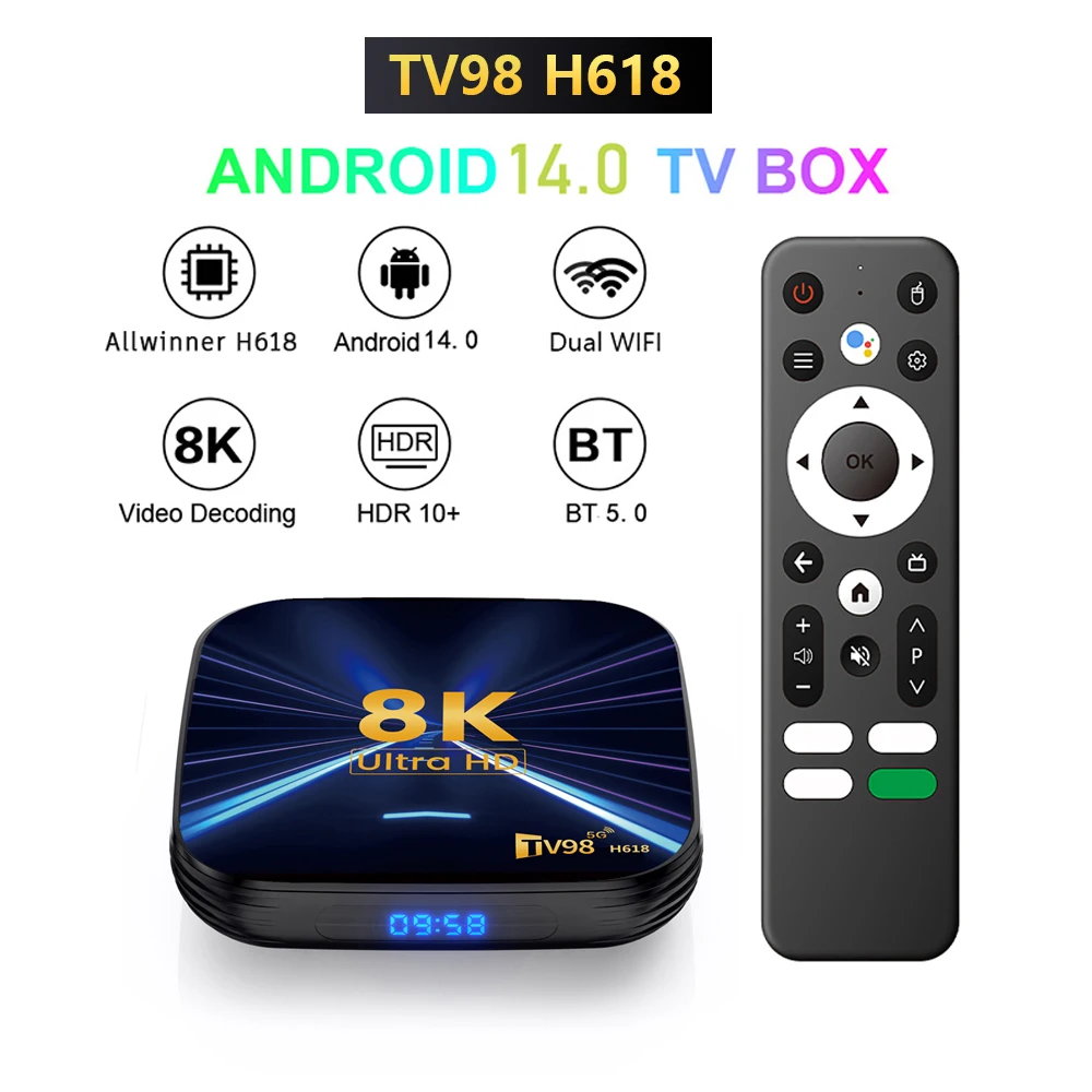 

TV98 H618 Smart TV Box Android 14 Support HD 8K Video 4K BT5.0 4G 5G WiFi 6 ​Allwinner H618 Quad Core Voice remote 4GB 64GB iptv