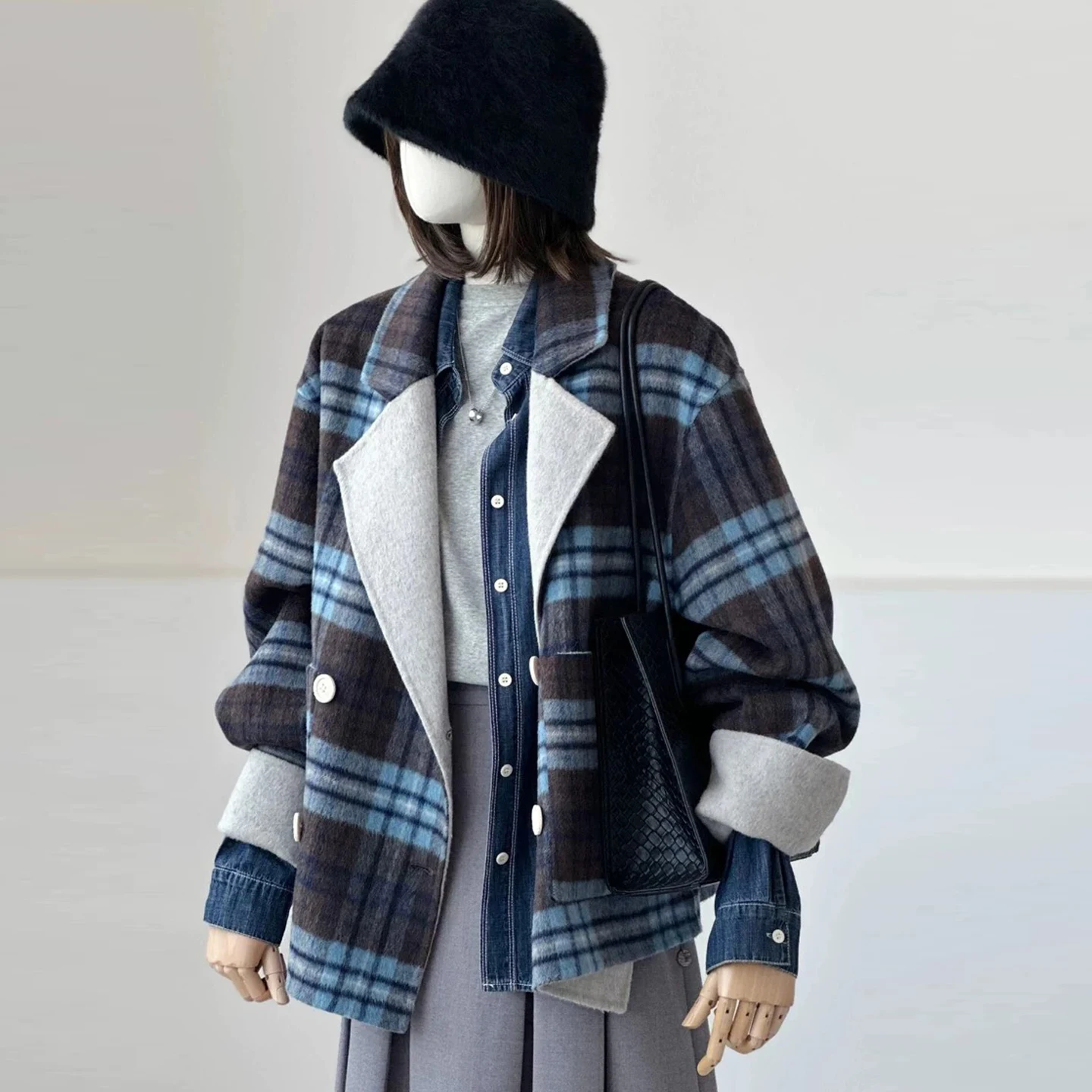 High End Double-Sided Woolen Blue Grid Double-Sided Cashmere Coat, Women'S Autumn And Winter Suit Short Jacket
