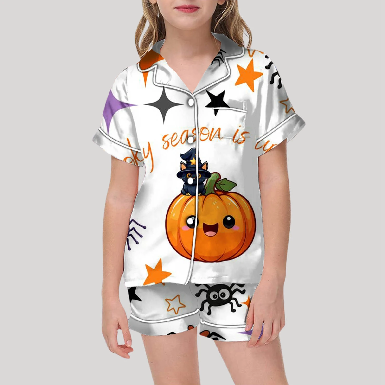 Pajamas For Children Halloween Artistic Letter Printing Shirt Pant Matching Set Short Sleeved Shorts With Pockets Kids Pajamas