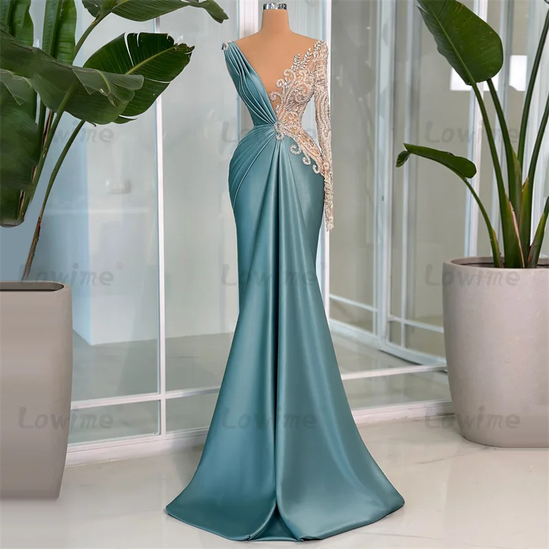 

2025 Вечерние атласные элегантные вечерние платья с длинными рукавами Vestidos De Fiesta Русалка по индивидуальному заказу, расшитые кристаллами и блестками, платья для выпускного вечера