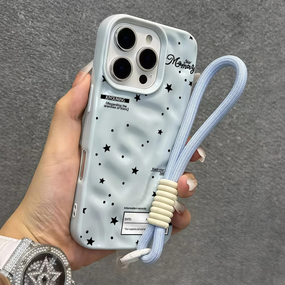 Sternen-Polka-Dots-Muster Falten-Silikon-Handyhülle für iPhone 17 15 13 11 12 14 16 17 Pro Max 15 Plus 17Air mit Lanyard-Abdeckung – Detail 5