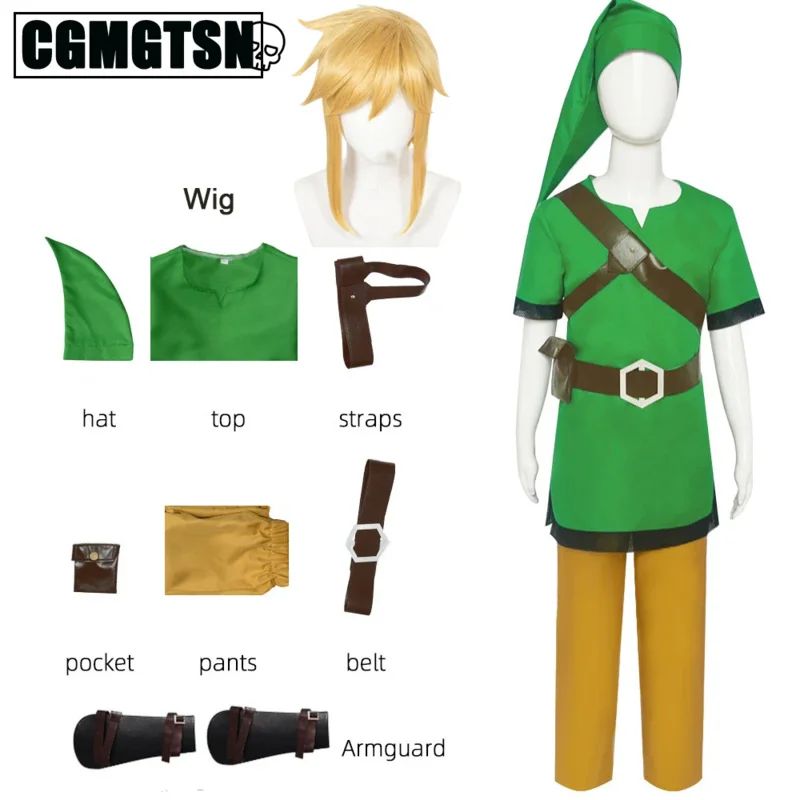 

CGMGTSN Game Zelda Link Cosplay Costume Children Green Shirt Pants Suits and Wig Outfits Adults Halloween Carnival Clothes