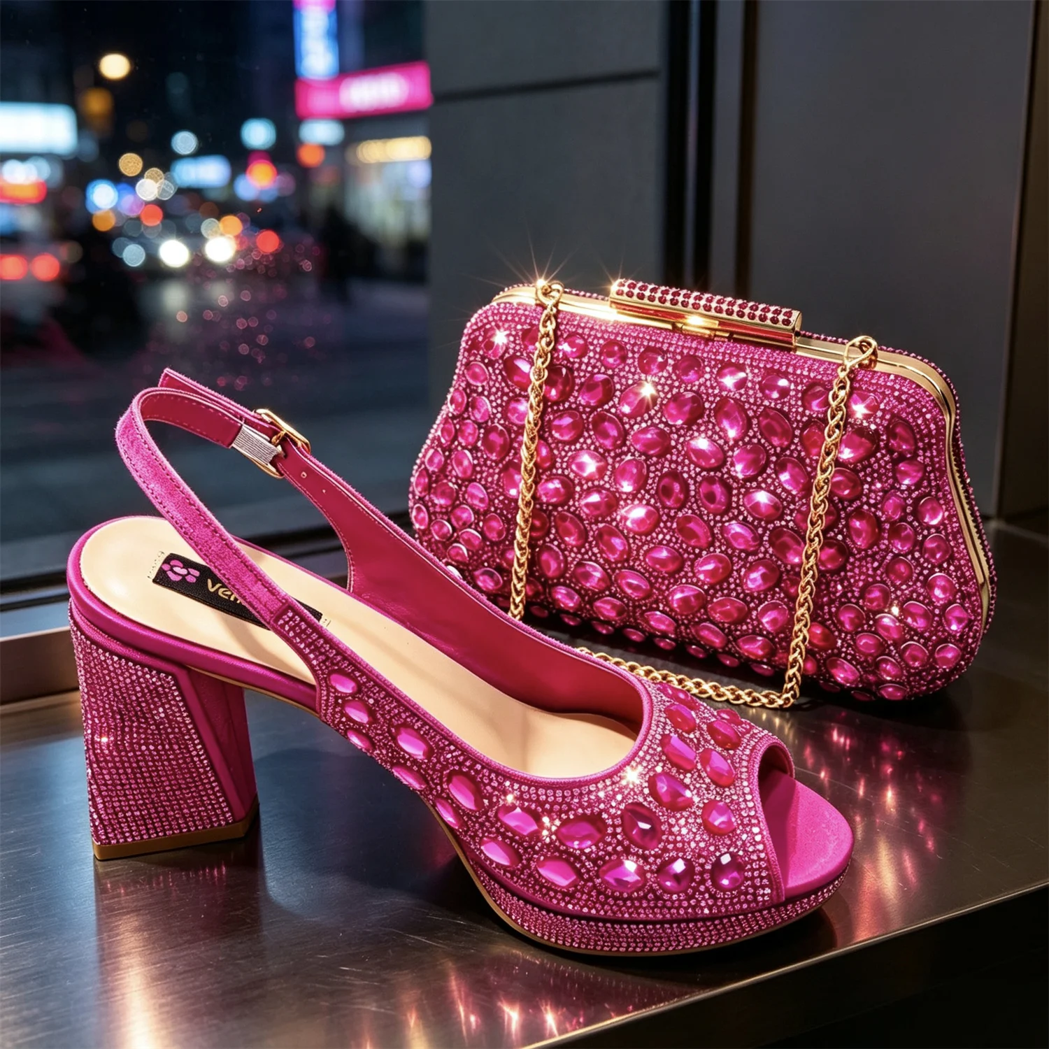 Women's Elegant Magenta Sparkly Rhinestones Chunky-Heels Slingbacks Peep Toes Sandals And Clutch Bag Set Wedding And Party Shoes
