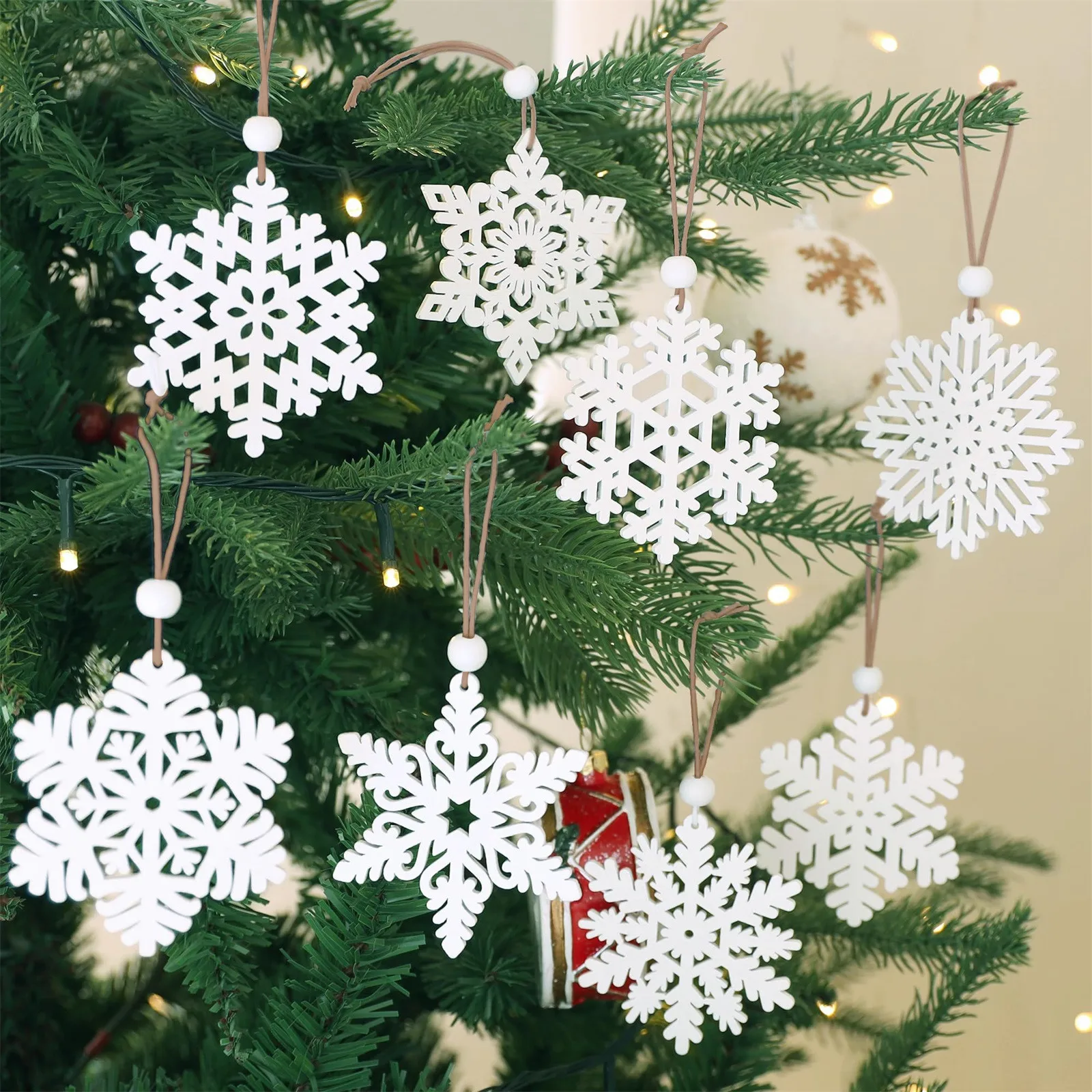 Christmas White Snowflake Wooden Decoration Pendant Snowflake Ornaments Winter Christmas Tree Ornaments 16pc Per Pack