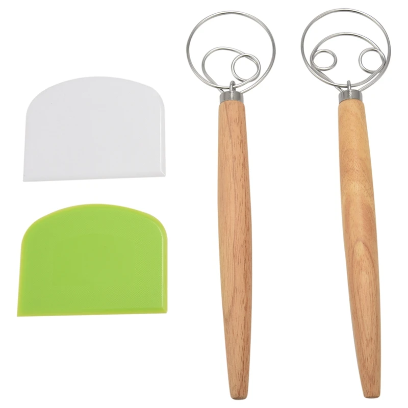Danish Dough Whisk Hand Mixer,2Pcs Stainless Steel Dough Mixer with 2 Dough Scrapers for Pizza Dough,Sourdough Bread,Etc-A79M
