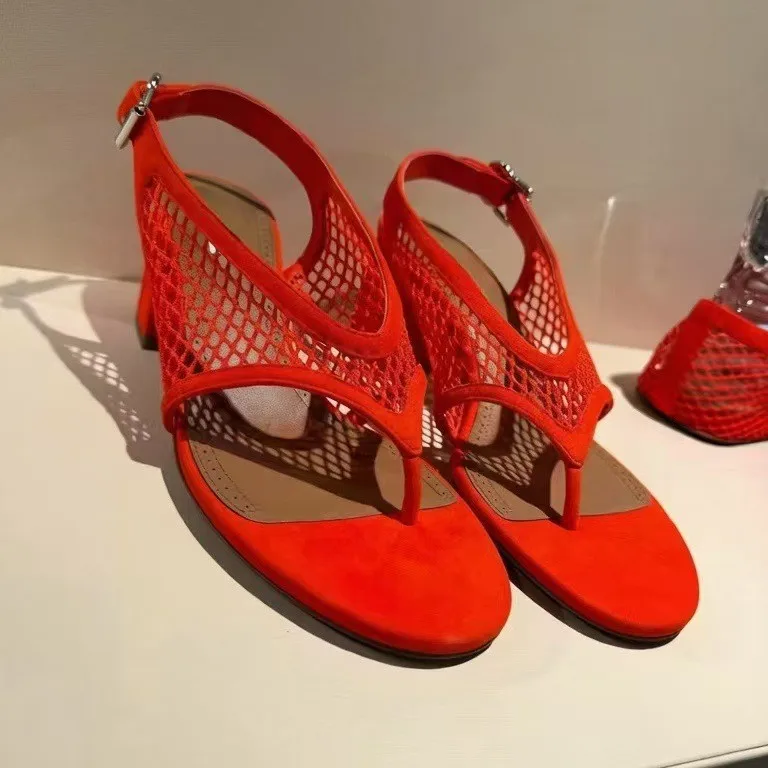 Mesh Thong Open Toe Block Heel Sandals Ladies Deep Burgundy Suede Cut Out Mesh Panel Ankle Fastening Buckle Strap Medium Thick H