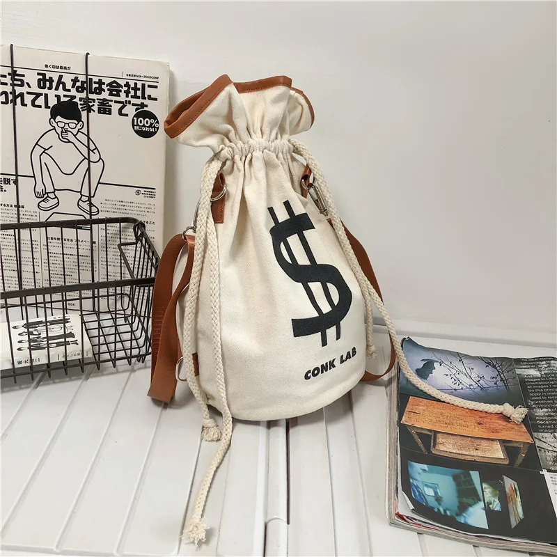 1 piece canvas one shoulder bucket bag fashion cross-body women\'s bag can hold mobile phone wallet