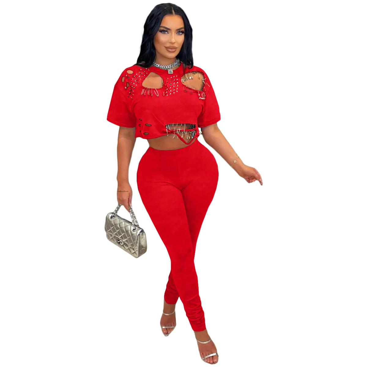 Vintage Polka Dot Zweiteiliges Set für Damen, Cutout-Fransen-Crop-Top, High-Waist-Hose, Streetwear-Outfit, Clubwear für den Abend. – Detail 12