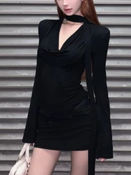 American Spice Girl One Piece Dress Women Autumn Niche Hip Wrap Long Sleeve Slimming Clothing Female Black Design Sexy Y2K Dress